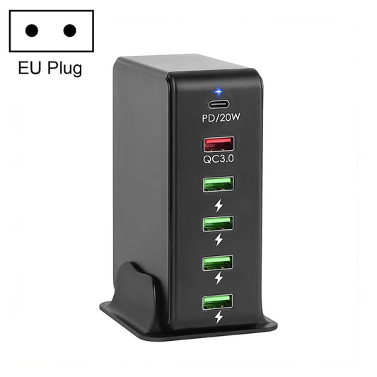 6 in 1 65W PD USB-C / Type-C + QC 3.0 USB + 4 USB Multi-port Travel Charger, EU Plug(Black) - Mobile Accessories by buy2fix | Online Shopping UK | buy2fix