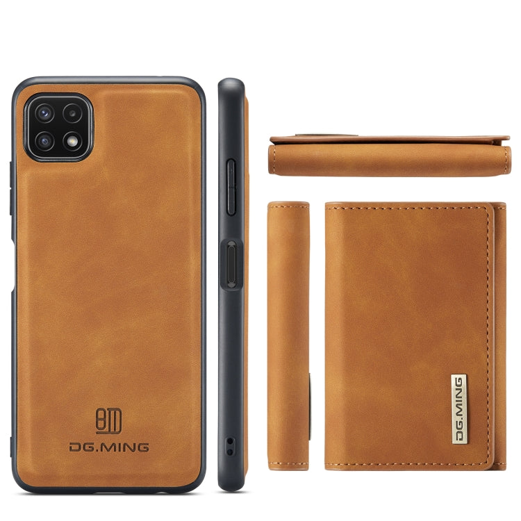 For Samsung Galaxy A22 5G DG.MING M1 Series 3-Fold Multi Card Wallet  Back Cover Shockproof Case with Holder Function(Brown) - Galaxy Phone Cases by DG.MING | Online Shopping UK | buy2fix