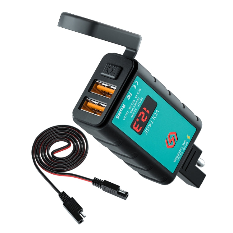 WUPP ZH-1422A2 DC12-24V Motorcycle Square Dual USB Fast Charging Charger with Switch + Voltmeter + Integrated SAE Socket + 1m SAE Socket Cable - Battery Charger by WUPP | Online Shopping UK | buy2fix