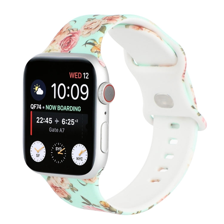 8-buckle Printed Strap Watch Band For Apple Watch Series 8&7 41mm / SE 2&6&SE&5&4 40mm / 3&2&1 38mm(Green Background Rose) - Smart Wear by buy2fix | Online Shopping UK | buy2fix