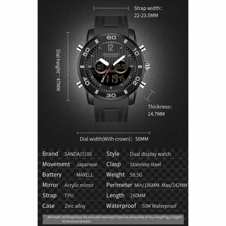 SANDA 3106 Dual Digital Display Men Outdoor Sports Luminous Shockproof Electronic Watch(Full Black) - Metal Strap Watches by SANDA | Online Shopping UK | buy2fix