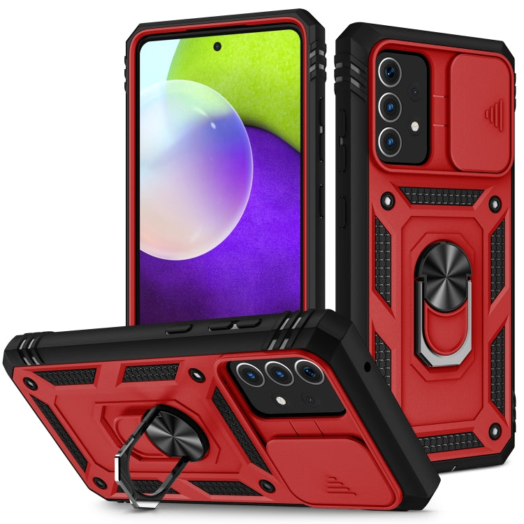 For Samsung Galaxy A52 Sliding Camera Cover Design TPU + PC Protective Case with 360 Degree Rotating Holder & Card Slot(Red+Black) - Samsung Accessories by buy2fix | Online Shopping UK | buy2fix