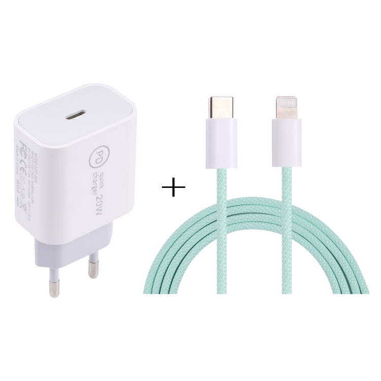 SDC-20W PD USB-C / Type-C Travel Charger + 1m 12W USB-C / Type-C to 8 Pin Data Cable Set, EU Plug(Green) - Mobile Accessories by buy2fix | Online Shopping UK | buy2fix