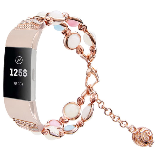 For Fitbit Charge 5 Agate Luminous Bead Steel Watch Band(Rose Gold) - Watch Bands by buy2fix | Online Shopping UK | buy2fix