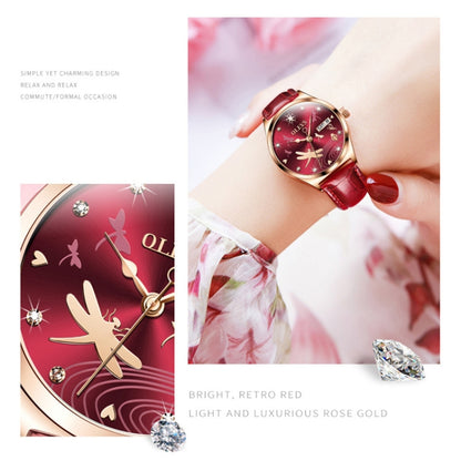 OLEVS 6611 Dragonfly Dual Calendar Mechanical Ladies Watch(Red) - Leather Strap Watches by OLEVS | Online Shopping UK | buy2fix