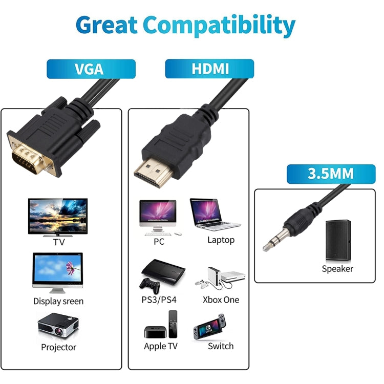 HDMI to VGA Adapter Cable with Audio, Length 1.8m - Cable by buy2fix | Online Shopping UK | buy2fix