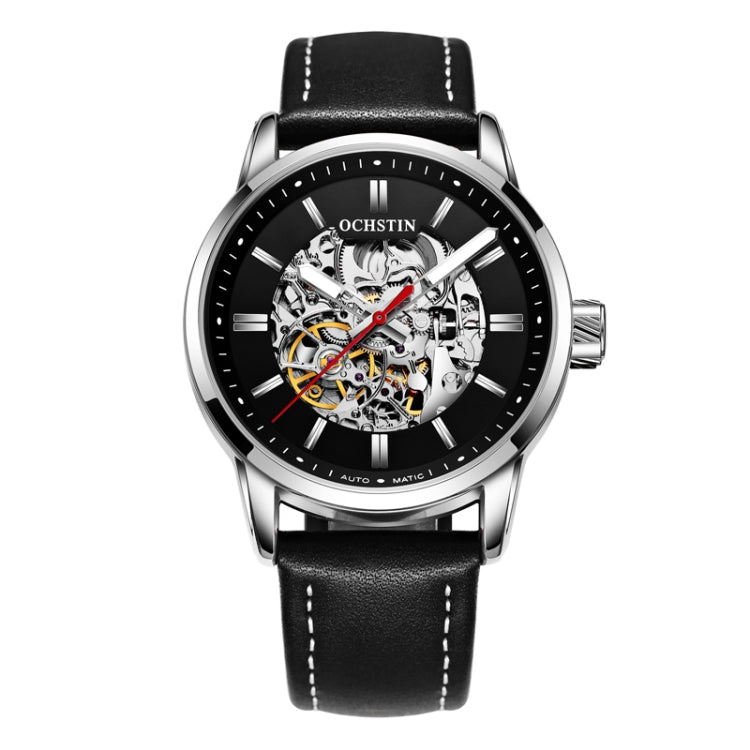 OCHSTIN 62001B Master Series Hollow Mechanical Men Watch(Silver-Black) - Leather Strap Watches by OCHSTIN | Online Shopping UK | buy2fix