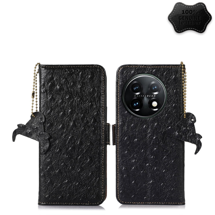 For OnePlus 11 5G Ostrich Pattern Genuine Leather RFID Phone Case(Black) - OnePlus Cases by buy2fix | Online Shopping UK | buy2fix