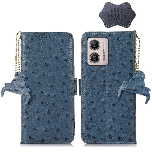 For Motorola Moto G73 5G Ostrich Pattern Genuine Leather RFID Phone Case(Blue) - Motorola Cases by buy2fix | Online Shopping UK | buy2fix