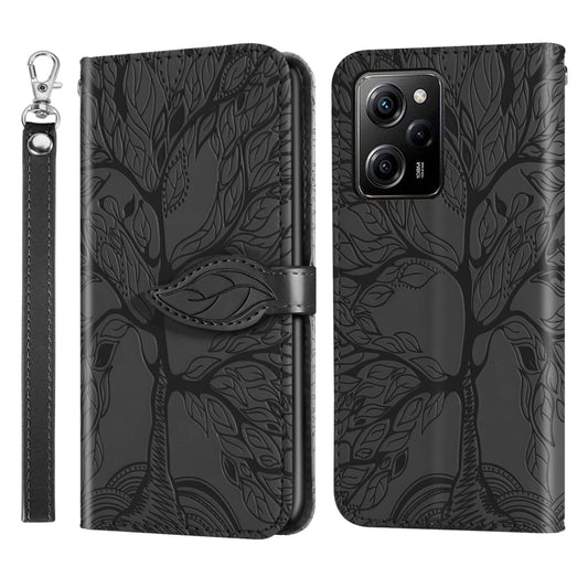 For Xiaomi Poco X5 Pro Life Tree Embossing Pattern Leather Phone Case(Black) - Xiaomi Cases by buy2fix | Online Shopping UK | buy2fix