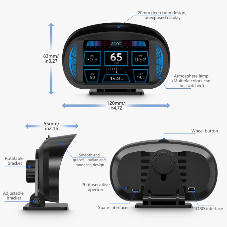 P2 3 inch Multi-function HD OBD LCD Instrument GPS Car Speed Slope Meter HUD Head-up Display - In Car by buy2fix | Online Shopping UK | buy2fix