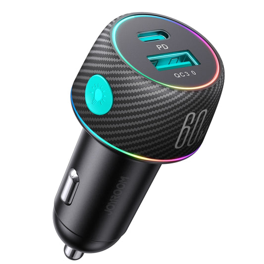 JOYROOM JR-CCN01 60W USB+USB-C / Type-C Multi-color Car Charger with Light Button(Black) - Car Charger by JOYROOM | Online Shopping UK | buy2fix