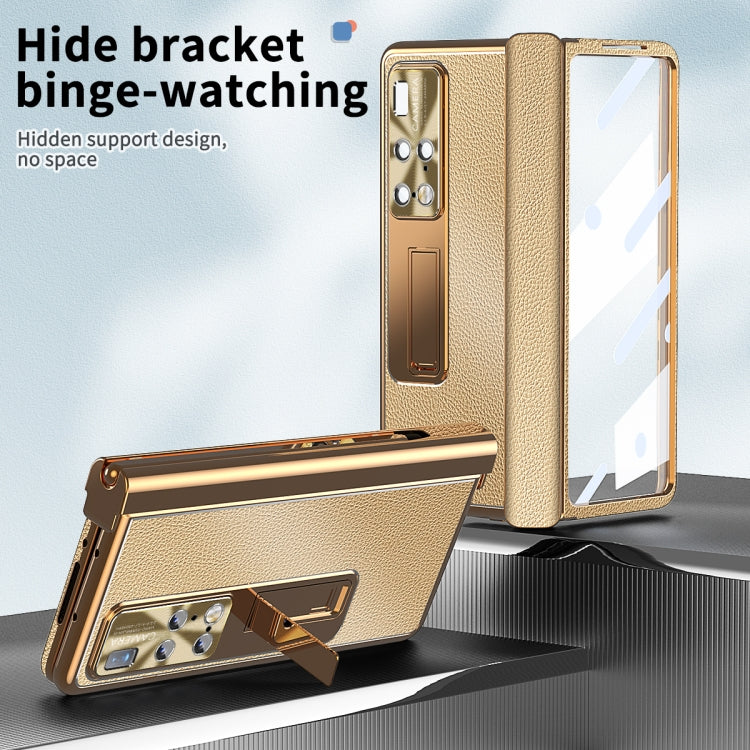 For Huawei Mate X2 Litchi Pattern Magnetic Shell Film Integrated Shockproof Phone Case(Gold) - Huawei Cases by buy2fix | Online Shopping UK | buy2fix