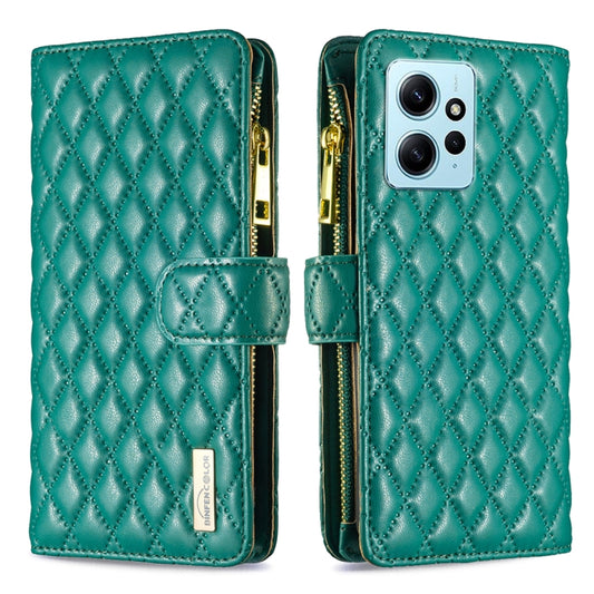 For Xiaomi Redmi Note 12 4G Global Diamond Lattice Zipper Wallet Leather Flip Phone Case(Green) - Note 12 Cases by buy2fix | Online Shopping UK | buy2fix