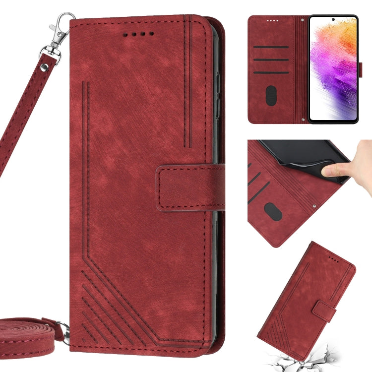 For Samsung Galaxy A03 EU 166mm Skin Feel Stripe Pattern Leather Phone Case with Lanyard(Red) - Galaxy Phone Cases by buy2fix | Online Shopping UK | buy2fix
