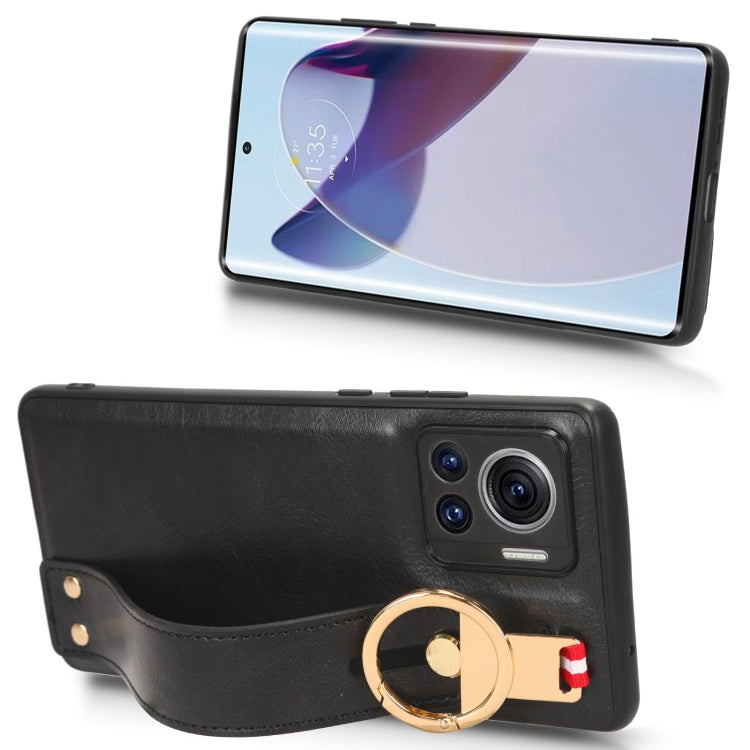For Motorola Edge 30 Ultra Wristband Leather Back Phone Case(Black) - Motorola Cases by buy2fix | Online Shopping UK | buy2fix