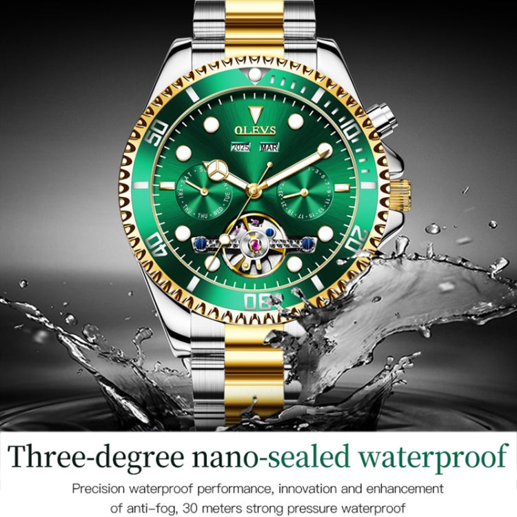 OLEVS 6605 Men Multifunctional Waterproof Mechanical Watch(Green + Gold) - Metal Strap Watches by OLEVS | Online Shopping UK | buy2fix