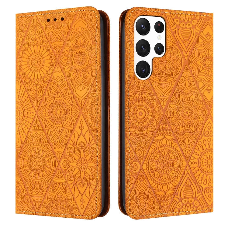 For Samsung Galaxy S22 Ultra 5G Ethnic Embossed Adsorption Leather Phone Case(Yellow) - Galaxy S22 Ultra 5G Cases by buy2fix | Online Shopping UK | buy2fix