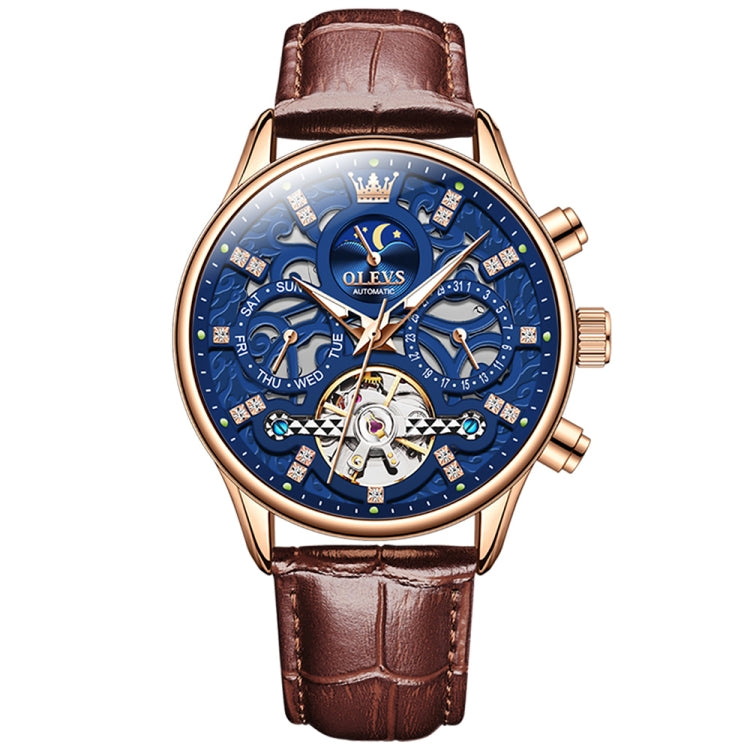 OLEVS 6658 Men Luminous Waterproof Leather Strap Mechanical Watch(Blue + Rose Gold) - Leather Strap Watches by OLEVS | Online Shopping UK | buy2fix