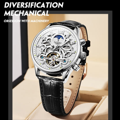 OLEVS 6658 Men Luminous Waterproof Leather Strap Mechanical Watch(White) - Leather Strap Watches by OLEVS | Online Shopping UK | buy2fix