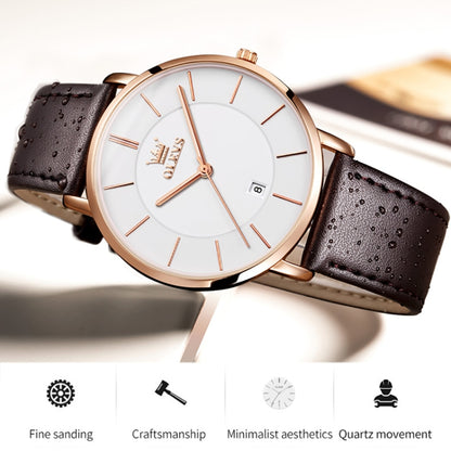 OLEVS 5869 Men Business Waterproof Genuine Leather Strap Quartz Watch(White + Black) - Leather Strap Watches by OLEVS | Online Shopping UK | buy2fix