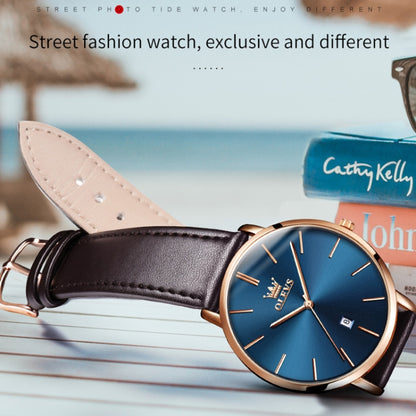 OLEVS 5869 1 Pair Couple Waterproof Genuine Leather Strap Quartz Watch(Blue + Black) - Couple Watches by buy2fix | Online Shopping UK | buy2fix