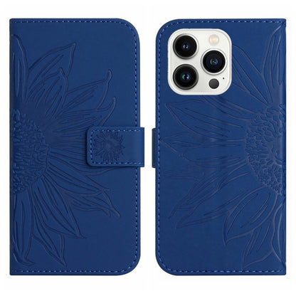 For iPhone 15 Pro Skin Feel Sun Flower Embossed Flip Leather Phone Case with Lanyard(Dark Blue) - iPhone 15 Pro Cases by buy2fix | Online Shopping UK | buy2fix