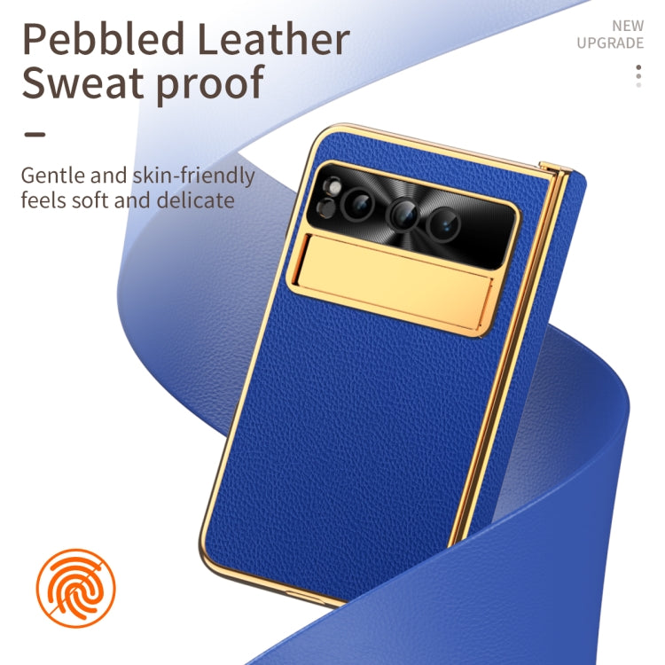 For Google Pixel Fold Litchi Pattern Electroplating Folding Phone Case with Hinge(Royal Blue) - Google Cases by buy2fix | Online Shopping UK | buy2fix