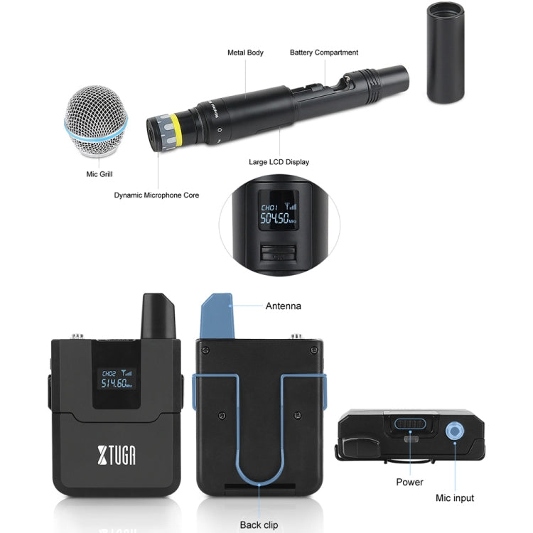 XTUGA A140-H Wireless Microphone System 4 Channel UHF Handheld Microphone(EU Plug) - Microphone by XTUGA | Online Shopping UK | buy2fix