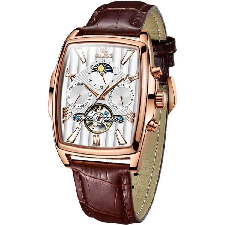 OLEVS 6675 Men Multifunctional Moon Phase Tourbillon Mechanical Watch(White + Rose Gold) - Leather Strap Watches by OLEVS | Online Shopping UK | buy2fix