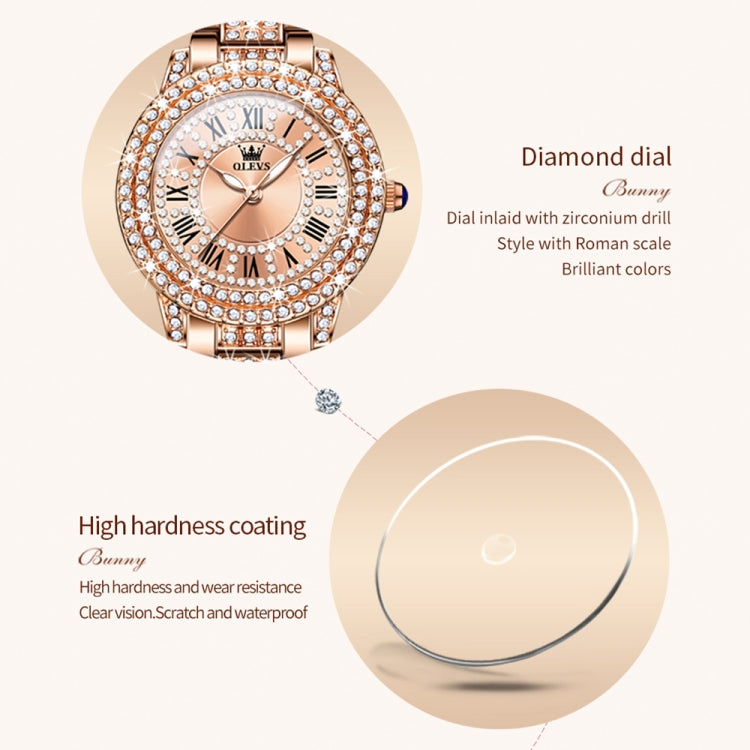 OLEVS 9943 Women Diamond Waterproof Quartz Watch(Rose Gold Roman) - Metal Strap Watches by OLEVS | Online Shopping UK | buy2fix
