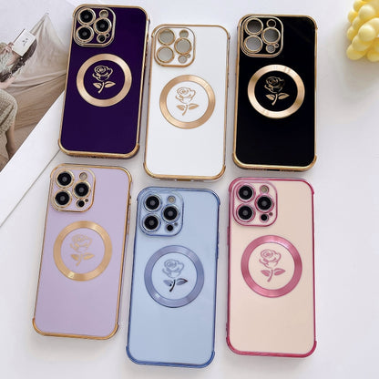 For iPhone 15 Plus Electroplate Side Roses Flower MagSafe Phone Case(Blue) - iPhone 15 Plus Cases by buy2fix | Online Shopping UK | buy2fix