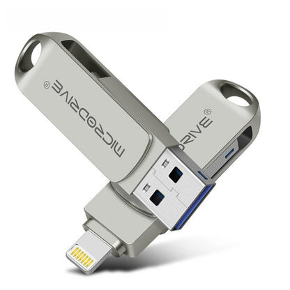 MicroDrive 2 In 1  8 Pin + USB 2.0 Portable Metal USB Flash Disk, Capacity:128GB(Silver) - USB Flash Drives by MICRODRIVE | Online Shopping UK | buy2fix