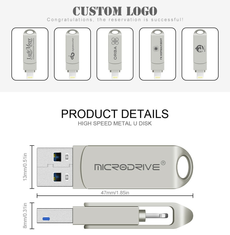 MicroDrive 2 In 1  8 Pin + USB 2.0 Portable Metal USB Flash Disk, Capacity:128GB(Silver) - USB Flash Drives by MICRODRIVE | Online Shopping UK | buy2fix