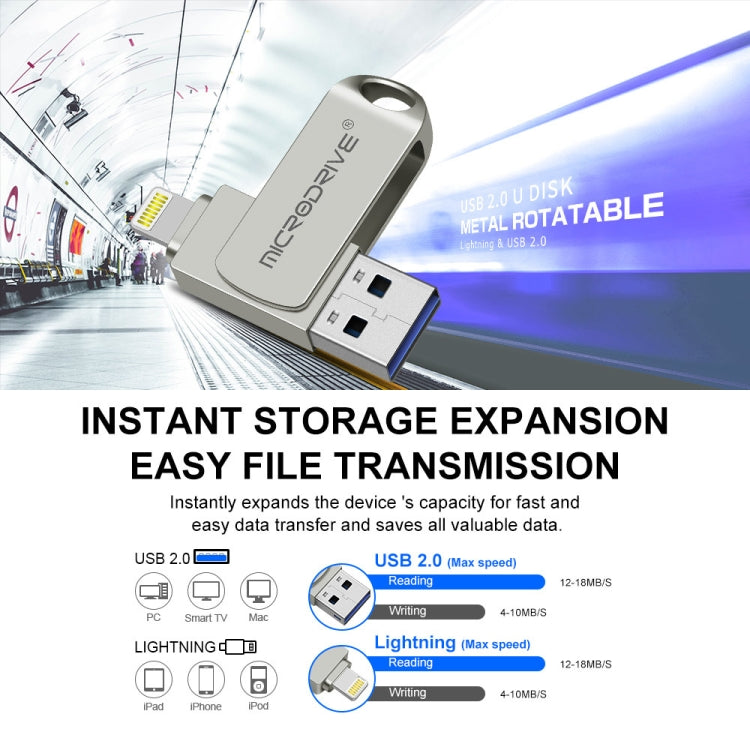 MicroDrive 2 In 1  8 Pin + USB 2.0 Portable Metal USB Flash Disk, Capacity:128GB(Silver) - USB Flash Drives by MICRODRIVE | Online Shopping UK | buy2fix