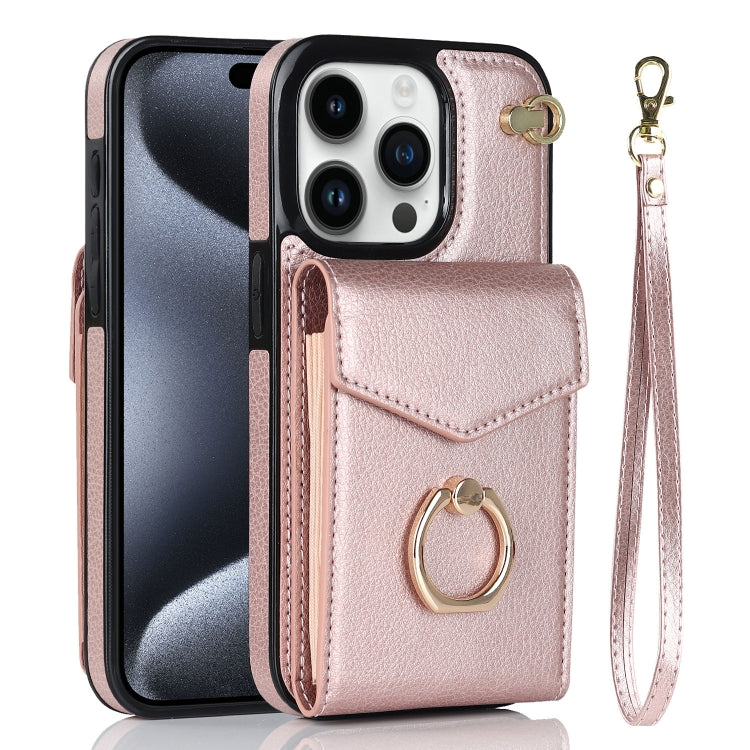 For iPhone 15 Pro Max Ring Holder RFID Card Slot Phone Case(Rose Gold) - iPhone 15 Pro Max Cases by buy2fix | Online Shopping UK | buy2fix