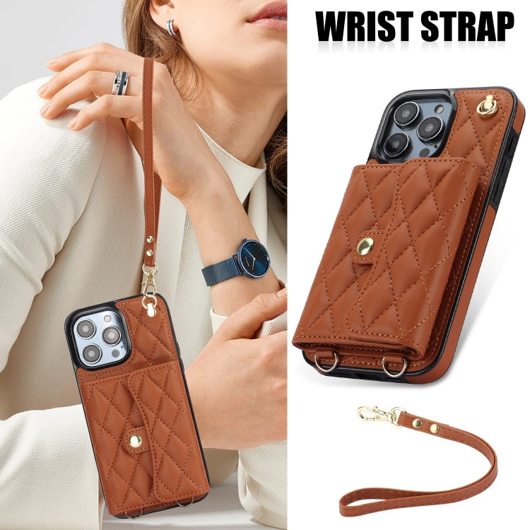 For iPhone 15 Pro Max Crossbody Rhombic Horizontal Wallet Leather Phone Case(Brown) - iPhone 15 Pro Max Cases by buy2fix | Online Shopping UK | buy2fix