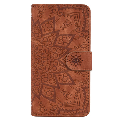 For iPhone 15 Pro Max Mandala Embossed Dual-Fold Calf Leather Phone Case(Brown) - iPhone 15 Pro Max Cases by buy2fix | Online Shopping UK | buy2fix