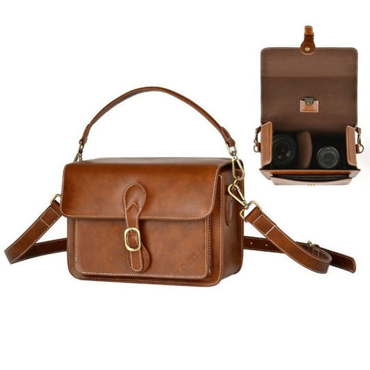 Cwatcun D80 Retro Leather Camera Shoulder Bag, Size:22 x 16 x 12cm Faux Leather Small(Brown) - Strap Satchel by Cwatcun | Online Shopping UK | buy2fix