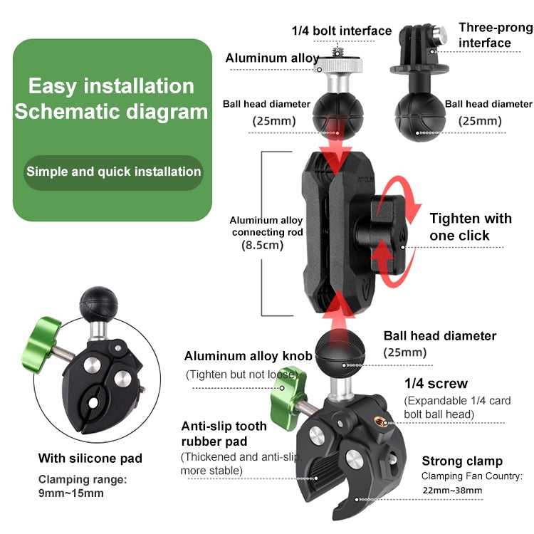 RUIGPRO Crab Clamp Action Camera Bracket 1/4 Dual-Head Crab 3-Stage Selfie Stick - Holder by RUIGPRO | Online Shopping UK | buy2fix