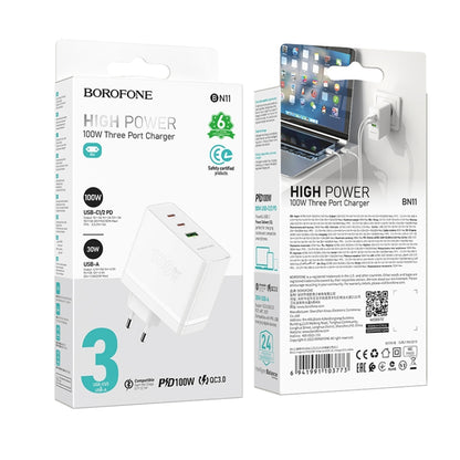 Borofone BN11 PD100W Dual USB-C/Type-C+USB 3-port GaN Charger, EU Plug(White) - USB Charger by Borofone | Online Shopping UK | buy2fix