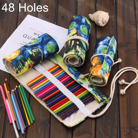 48 Slots Van Gogh Oil Painting Print Pen Bag Canvas Pencil Wrap Curtain Roll Up Pencil Case Stationery Pouch - Home & Garden by buy2fix | Online Shopping UK | buy2fix