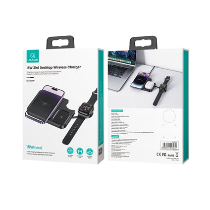 USAMS US-CD190 15W 3 in 1 Multifunctional Desktop Wireless Charger(Black) - Multifunction Charger by USAMS | Online Shopping UK | buy2fix