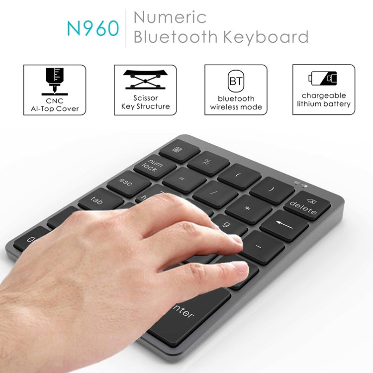 N960 Ultra-thin Universal Aluminum Alloy Rechargeable Wireless Bluetooth Numeric Keyboard (Grey) - Mini Keyboard by buy2fix | Online Shopping UK | buy2fix