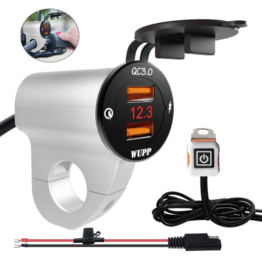 WUPP ZH-975A3 Motorcycle Aluminum Alloy Waterproof Mobile Phone Double QC3.0 Quick Charging Charger with Voltmeter(Silver) - In Car by WUPP | Online Shopping UK | buy2fix