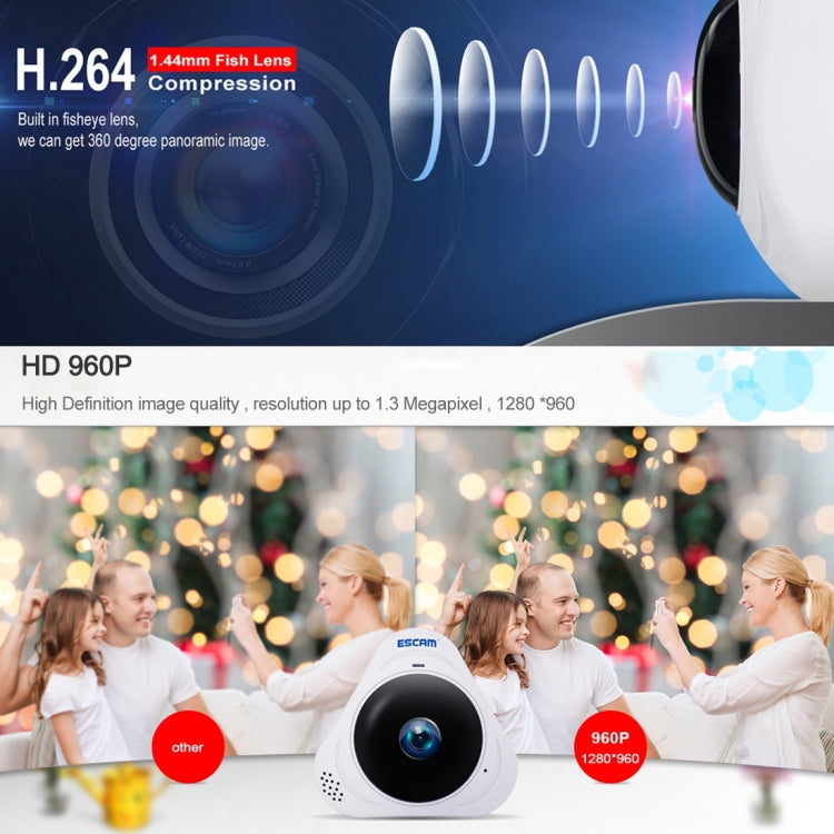 ESCAM Q8 960P 360 Degrees Fisheye Lens 1.3MP WiFi IP Camera, Support Motion Detection / Night Vision, IR Distance: 5-10m, EU Plug(White) - 360 Degree Camera by ESCAM | Online Shopping UK | buy2fix