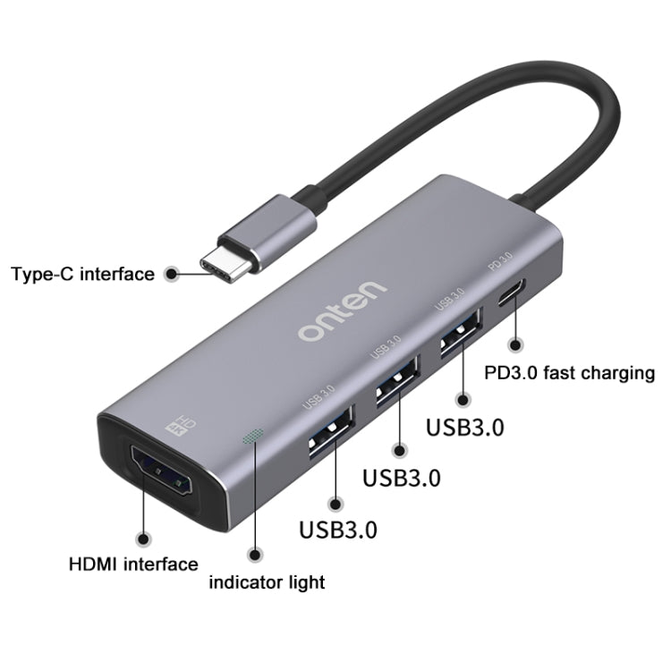 Onten OT-95123 5 in 1 Multifunctional Type-C + USB + HDMI Docking Station, Cable Length: 145mm(Silver) - Computer & Networking by Onten | Online Shopping UK | buy2fix