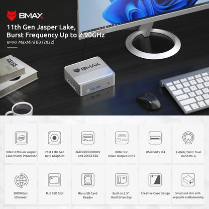 BMAX B3 2022 Windows 11 Mini PC, 8GB+256GB, Intel Jasper Lake N5095, Support HDMI / RJ45 / TF Card, US Plug(Space Grey) - Windows Mini PCs by BMAX | Online Shopping UK | buy2fix