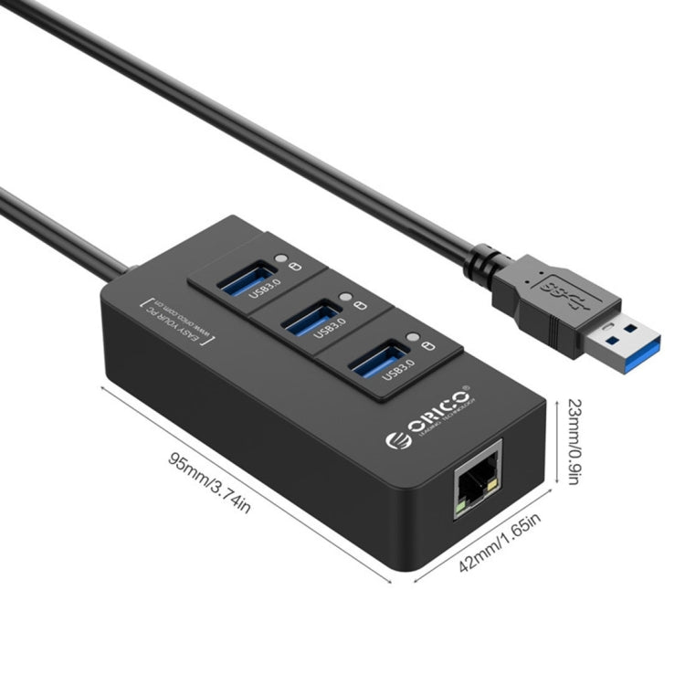 ORICO HR01-U3 ABS 3 Ports USB3.0 HUB Splitter with External RJ45 Gigabit Ethernet Network Card 5 Gbps for Laptops / Desktop / Ultrabook etc.(Black) - USB 3.0 HUB by ORICO | Online Shopping UK | buy2fix