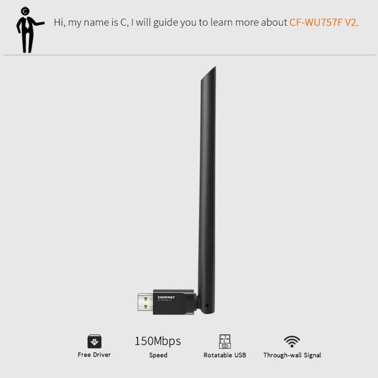 COMFAST CF-WU757F 150Mbps Wireless USB 2.0 Free Driver WiFi Adapter External Network Card with 6dBi External Antenna - USB Network Adapter by COMFAST | Online Shopping UK | buy2fix